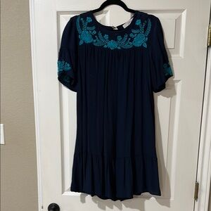 Navy Dress with Teal Embroidery